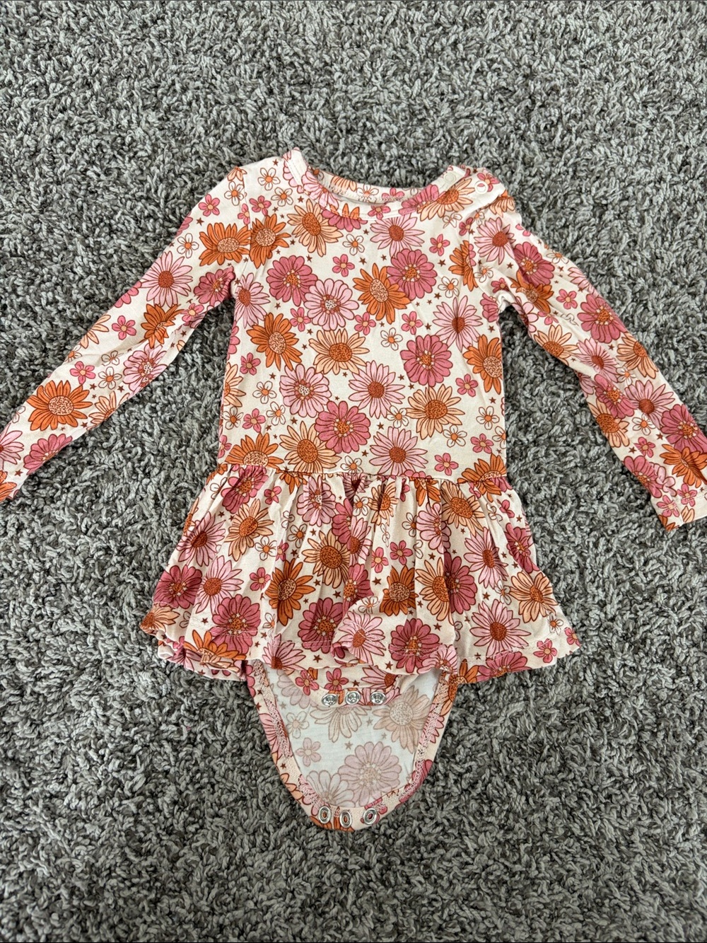 Floral Long-Sleeve One-Piece Bodysuit in Pink & Orange
